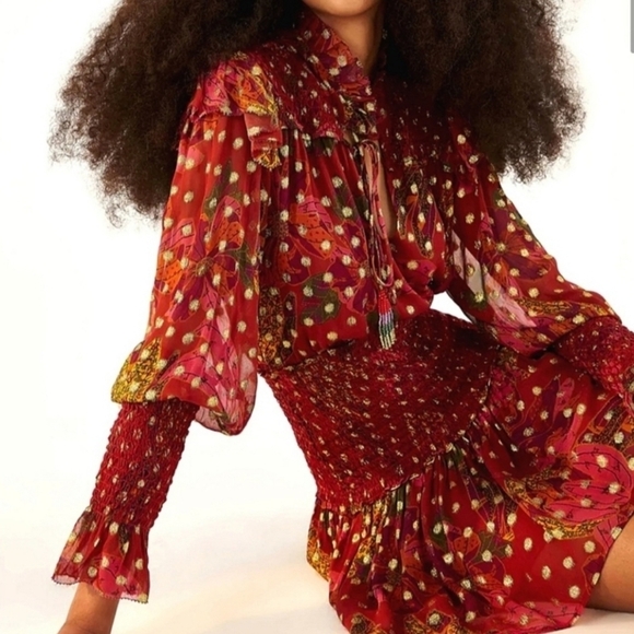 FARM Rio Maroon & Gold Banana Flowers Smocked Mini Dress - Size XL - Picture 4 of 13